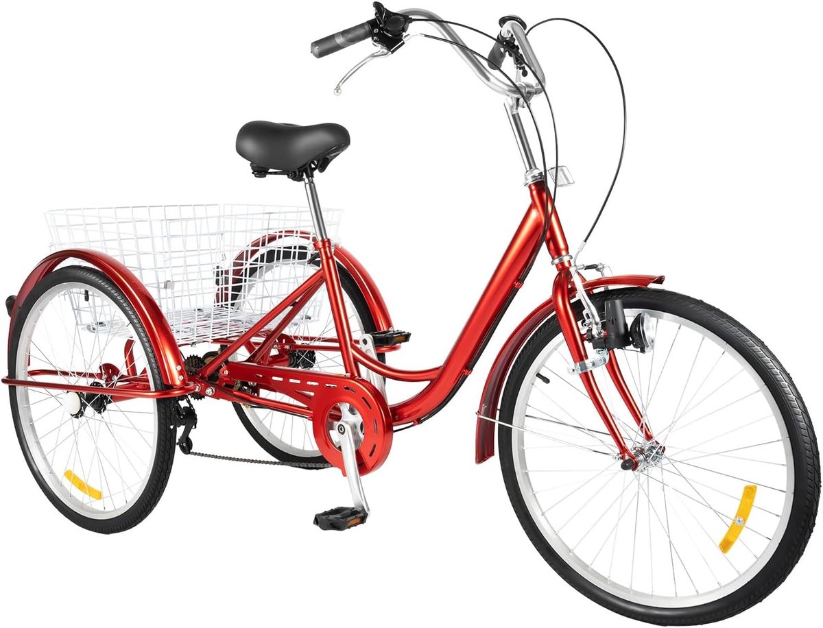 Driewieler voor volwassenen - Driewiel met mand - Comfortabel transport - 6 versnellingen - 24 inch wielen - Rood