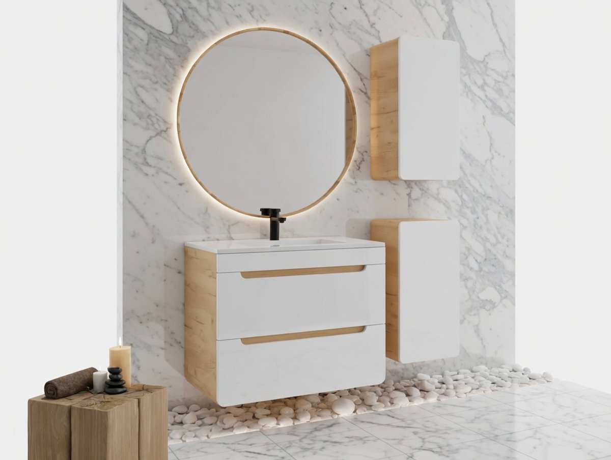 Aruba Luxe Badkamermeubel Set 80 cm met Keramische Wastafel – Hangend Badkamermeubel met 2 Lades Soft-Close – Inclusief 2 Badkamerkasten – Wit / Licht Eiken novihome