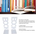 Twee witte L-vormige metalen boekensteunen met 'BOOK' uitgesneden en antislip schuimpads.