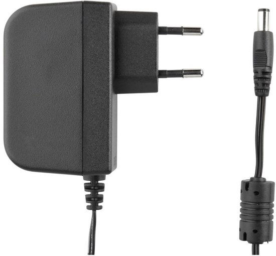 Zwarte DYMO netadapter met twee polige EU-stekker, van voren gezien met ronde connector aan de kabel.