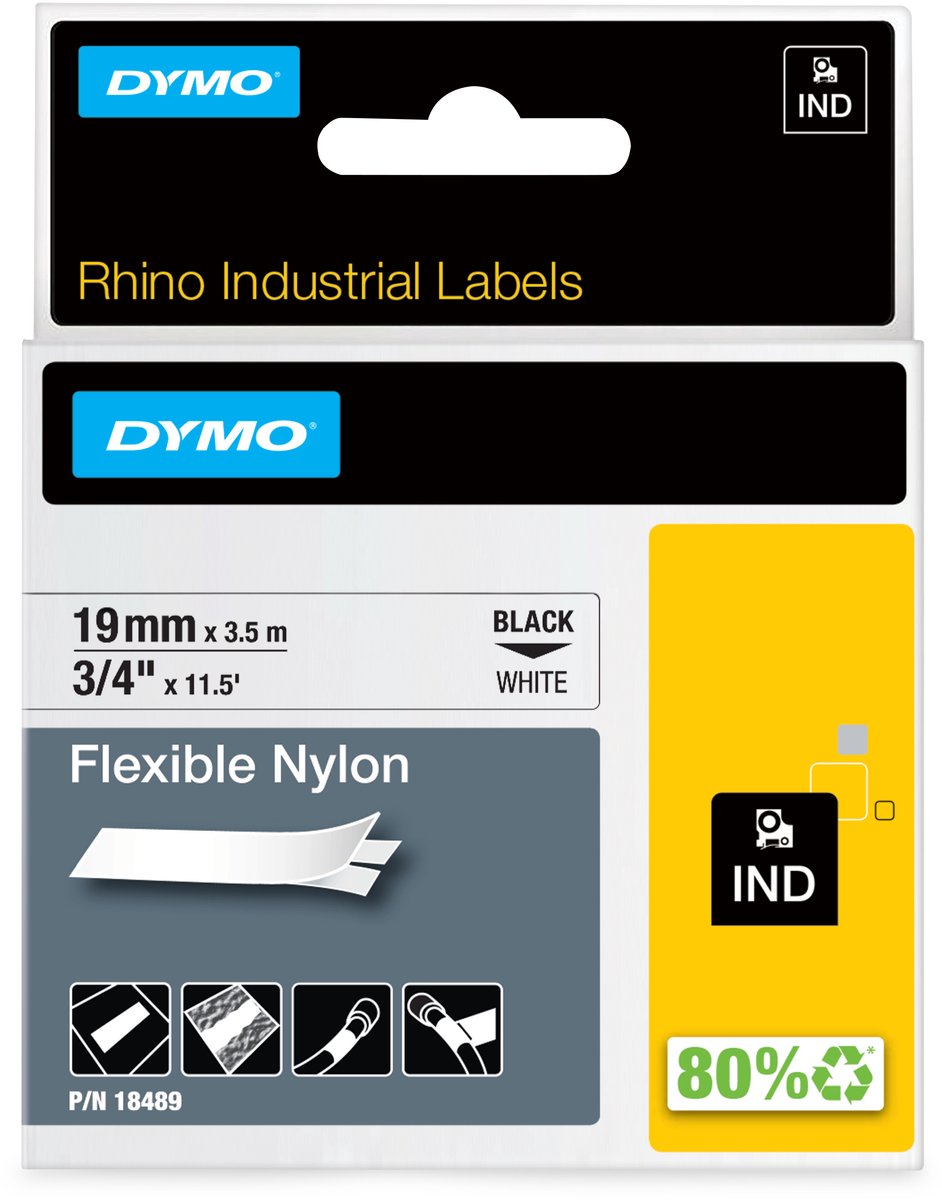 DYMO Rhino industriële Flexibele Nylon Labels | 19 mm x 3,5 m | zwarte afdruk op wit | zelfklevende labels voor Rhino & LabelManager labelprinters