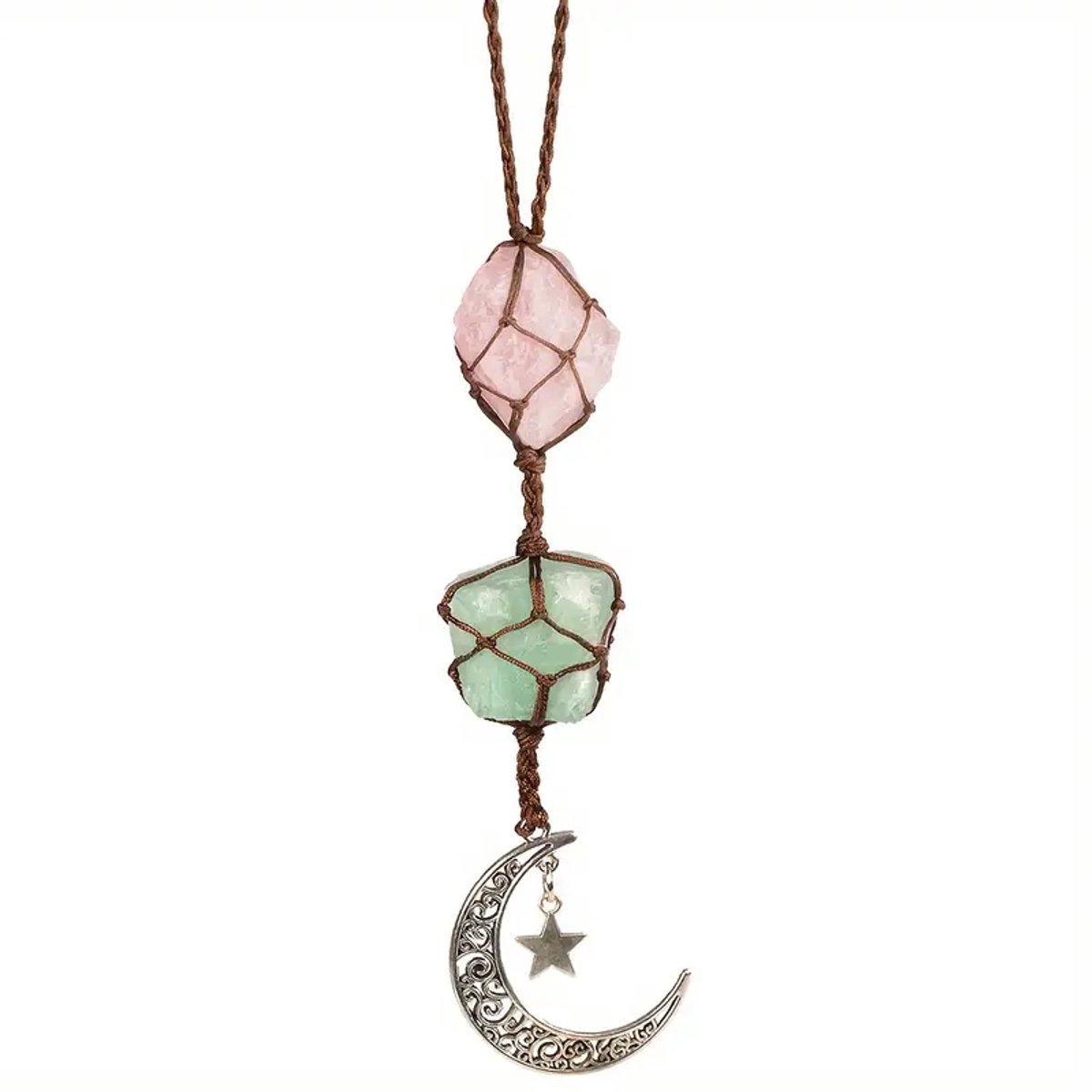 Edelsteen Kristal Ornament - Groen & Lichtroze - Natuurlijke Healing Stones Hanger voor Auto, Huis & Slaapkamer - Spirituele Decoratie met Positieve Energie, Geluk & Bescherming - Origineel Cadeau voor Hem & Haar