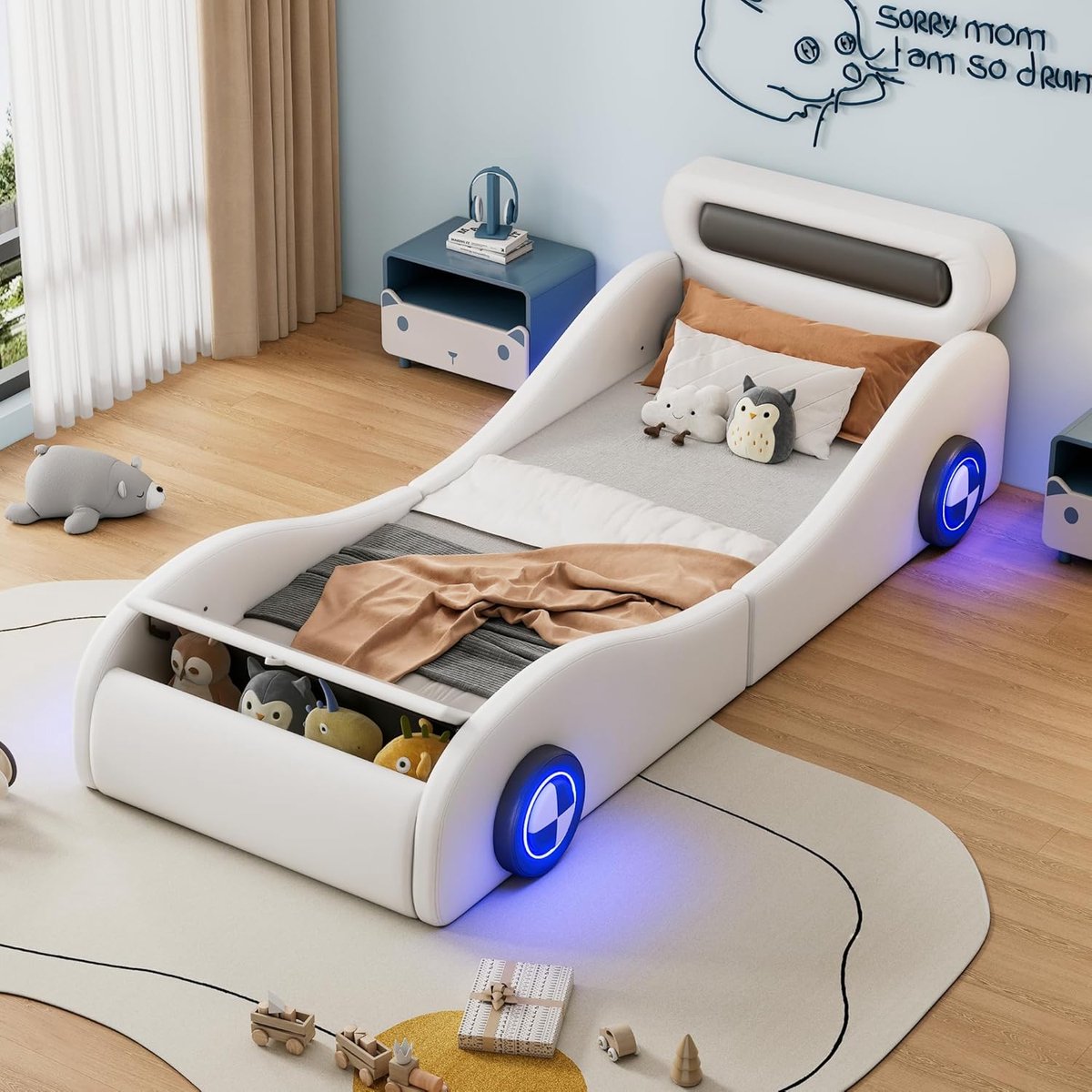 Autobed Kinderbed - Jongensbed Tienerbed - Veilig Slapen - Met Opbergruimte - 90 x 200 cm - Wit