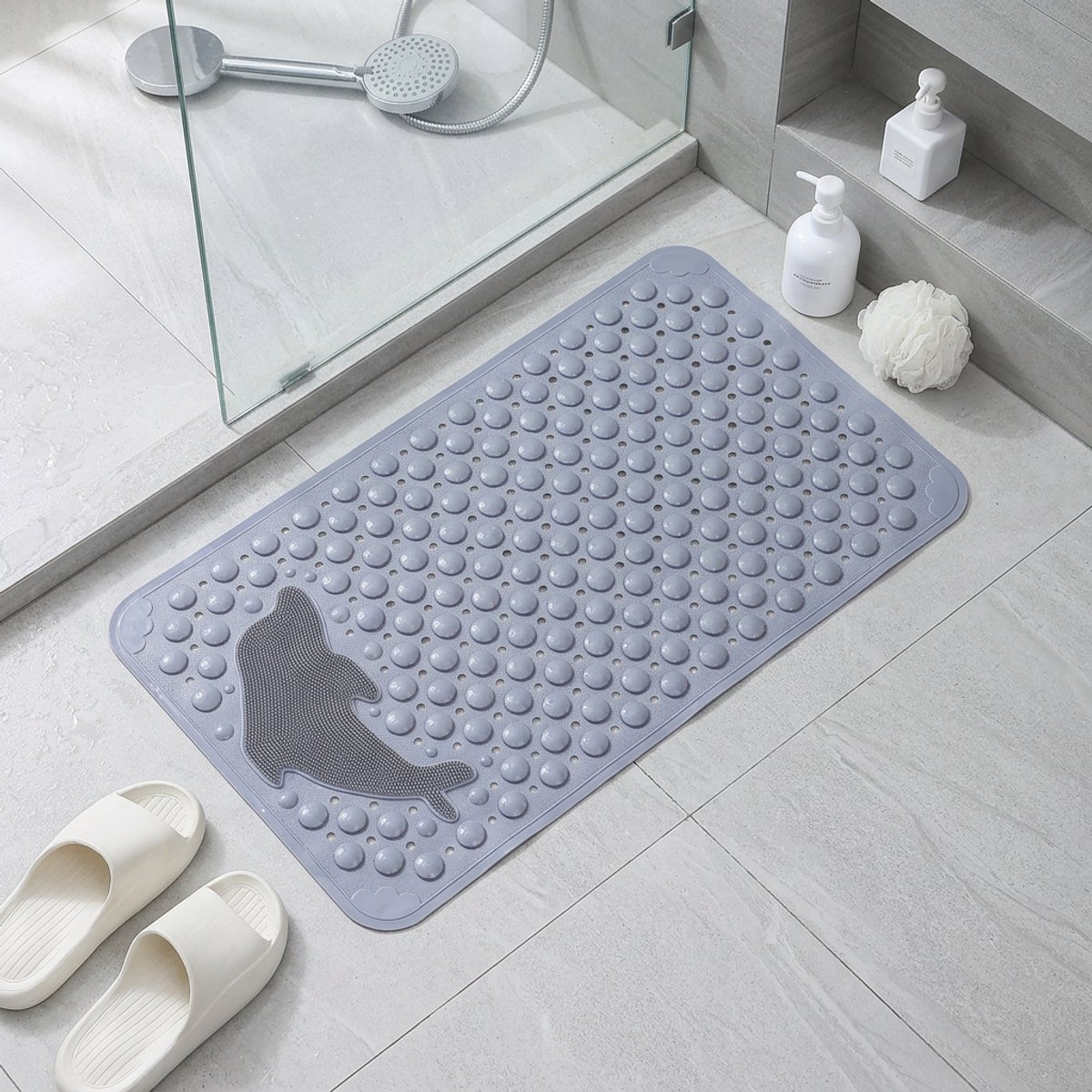 CHIWIN Antislip Douchemat 35x70 cm – Badmat met Zuignappen – Massage Douchemat voor Badkuip en Douche – Antislip Badmat PVC met Afvoergaten – Grijs