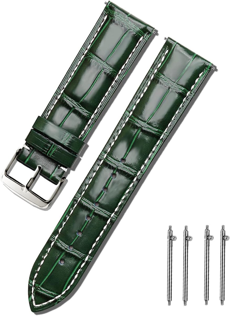 Horlogebandje van leer met snelsluiting en gepolijste gesp - 18mm, 20mm, 22mm, 24mm - Zwart, Bruin, Blauw, Groen - Klassiek design