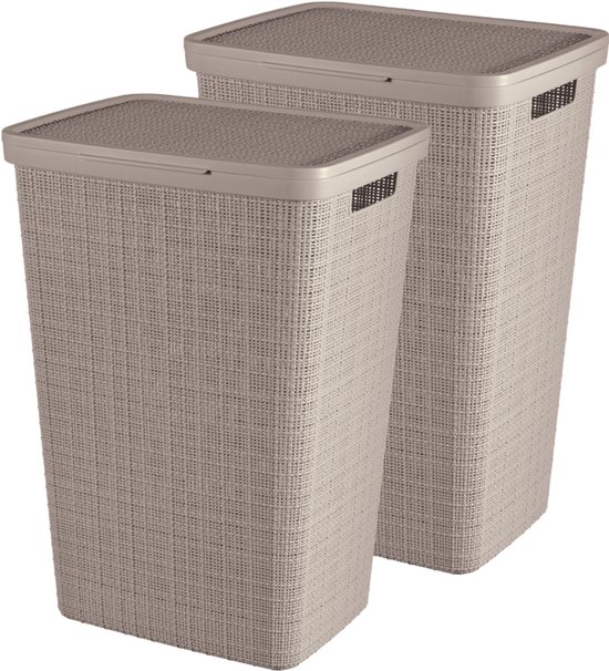 Twee taupe Curver Jute wasmanden met deksel.