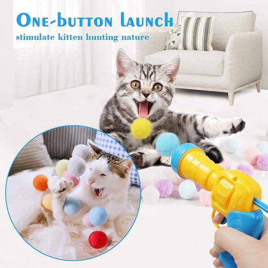 Een kitten schiet met een geel en blauw schietpistool, met een inset van een witte kat die met gekleurde ballen speelt.
