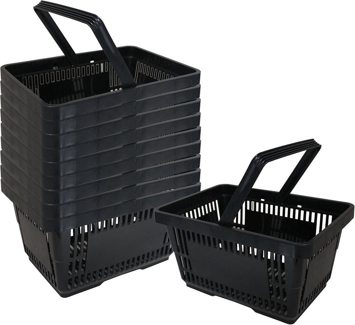 Stapelbare kunststof winkelmandjes met handvatten - 20 liter - 10 stuks - Zwart