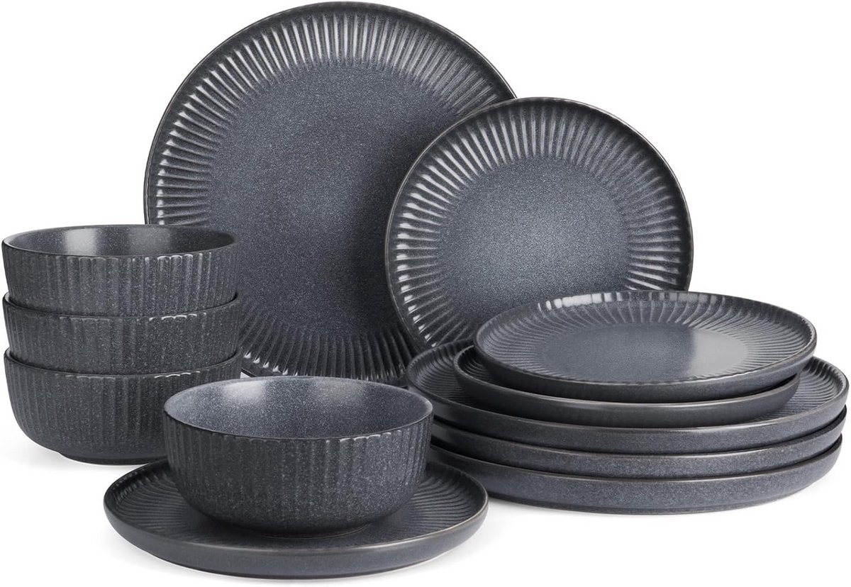 12-delige servies set voor 4 personen - geribbeld en magnetronbestendig