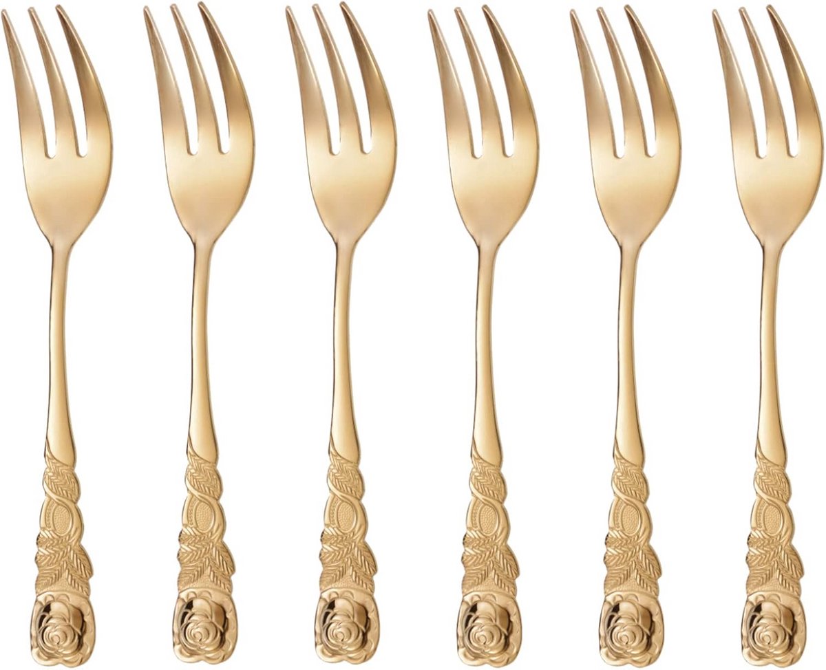 Gouden Taartvorken set van 6 met Rozendecoratie - Roestvrij Staal