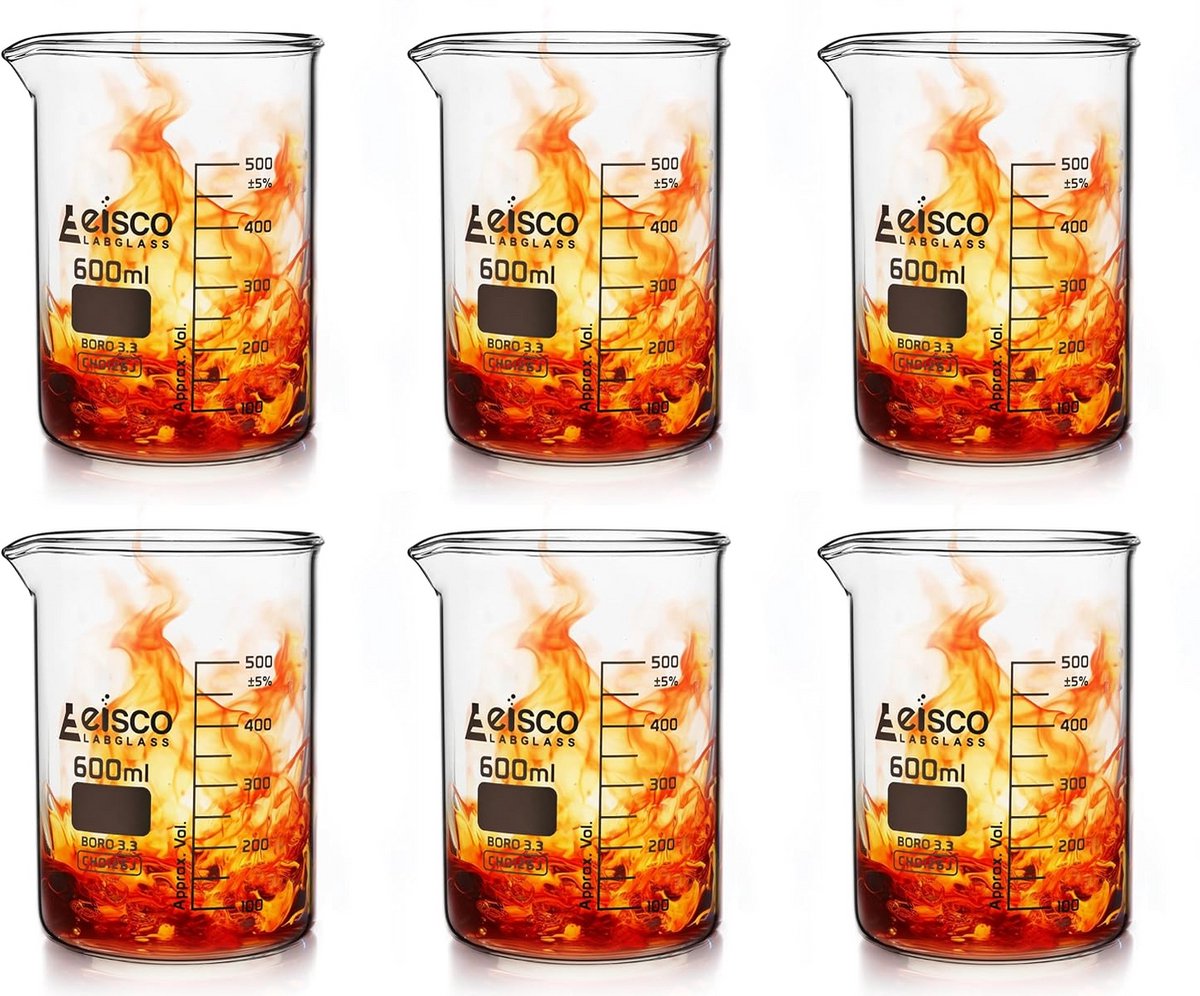 Set van 6 Borosilicaat Glazen Bekers - 600mL en 50mL - Lage Vorm voor Afstuderen
