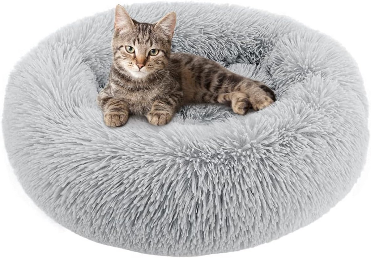 Rond Wasbaar Pluche Kattenbed en Hondenbed voor Kleine en Middelgrote Honden - Lichtgrijs