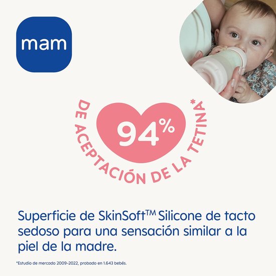 MAM Easy Start Anti-Colic A122 Gepatenteerde fles met zuignap 2 van SkinsoftTM Ultra Soft siliconen voor baby's vanaf 2 maanden, zelfsteriliseerbaar in 3 minuten260 ml 1 eenheid (pak van 1)neutraal,Lichtblauw en wit — afbeelding 2