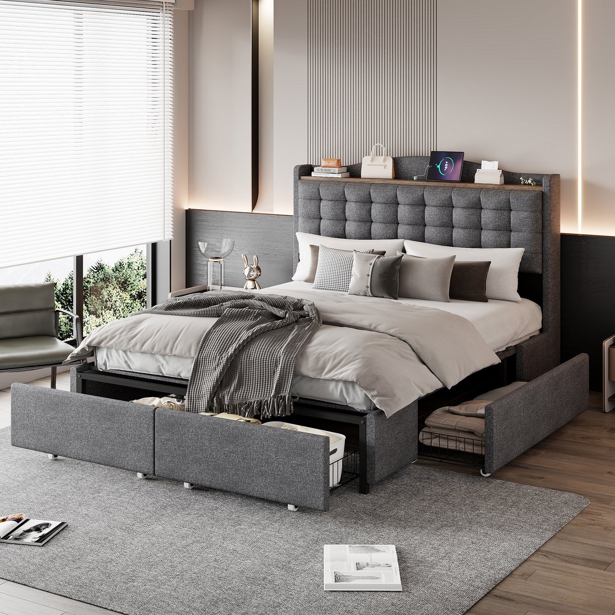 MIVRAY Gestoffeerd Bed 140x200cm - Tweepersoonsbed Met USB Aansluiting En Hoofdboard Plank - Met 4 Lades - Zonder Matras - Linnen - Grijs
