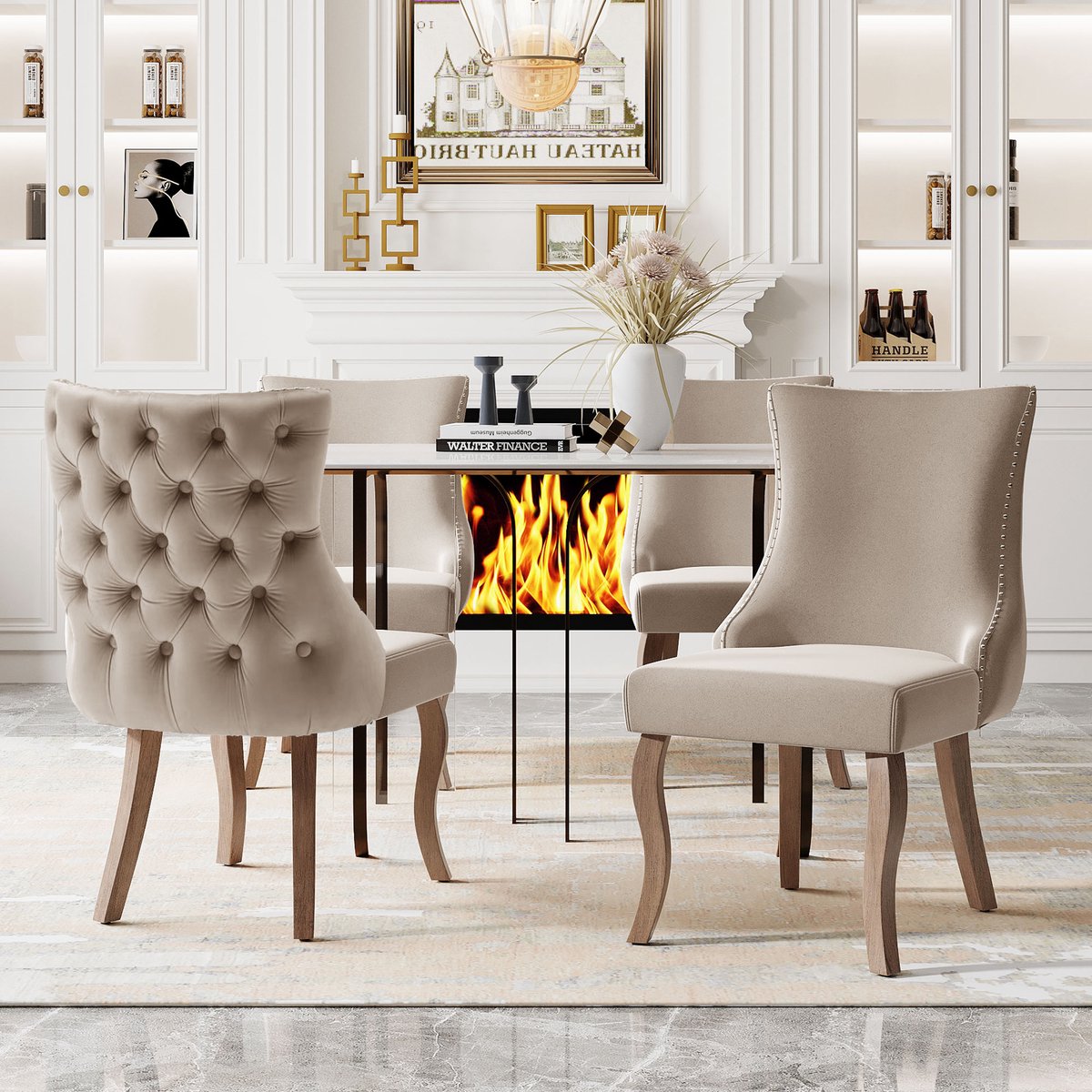 HAUSS SPOLE Eetkamerstoelen Set Van 4 - Fluwelen Gestoffeerde Stoelen Met Knopen En Siernagels - Massief Houten Poten - Beige