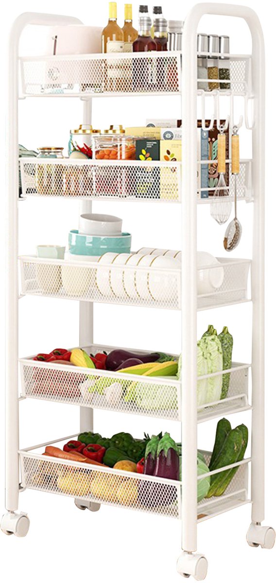 Opbergwagen op Wielen Wit - 5 Laags - Koolstofstaal - Keukenkar met Handvat - 4 Zwenkwielen met Rem - Mesh Planken - 4 Haken - Opbergrek voor Keuken Badkamer Kantoor