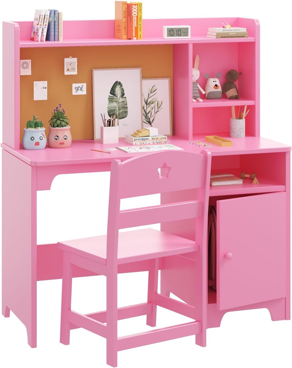 Houten Kinderbureau met Stoel en Opbergkast - Bureau voor Kinderen (3-8 Jaar) - Tekentafel en Computermeubel - Inclusief Opzetstuk en Vakken - Ergonomisch Design - roze