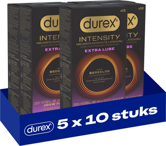 Vijf verpakkingen Durex Intensity condooms met 'Extra Lube' en gedeelde lichaamswarmte. 5 x 10 stuks.