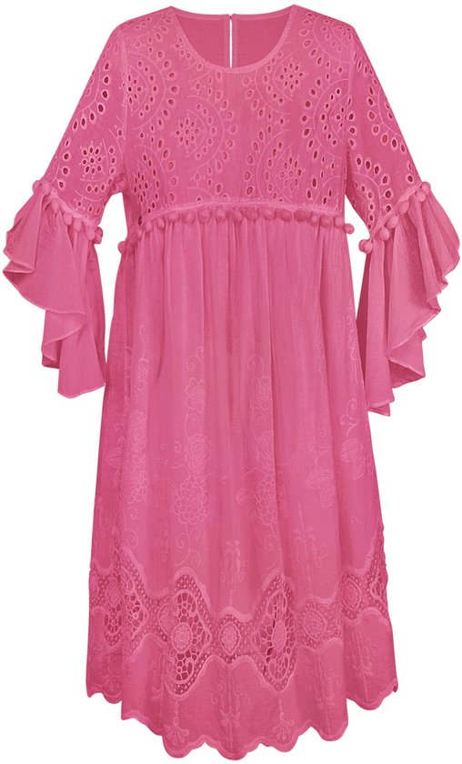 YWG - Cotton Vrouwen Mini Jurk Geborduurde Ruches Mouw - Maat S