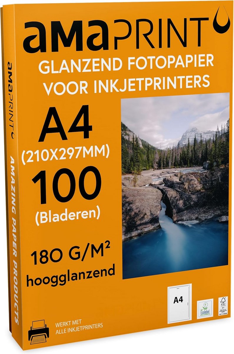 100 vellen fotopapier A4 glanzend 180g/m² voor inkjetprinter - watervast