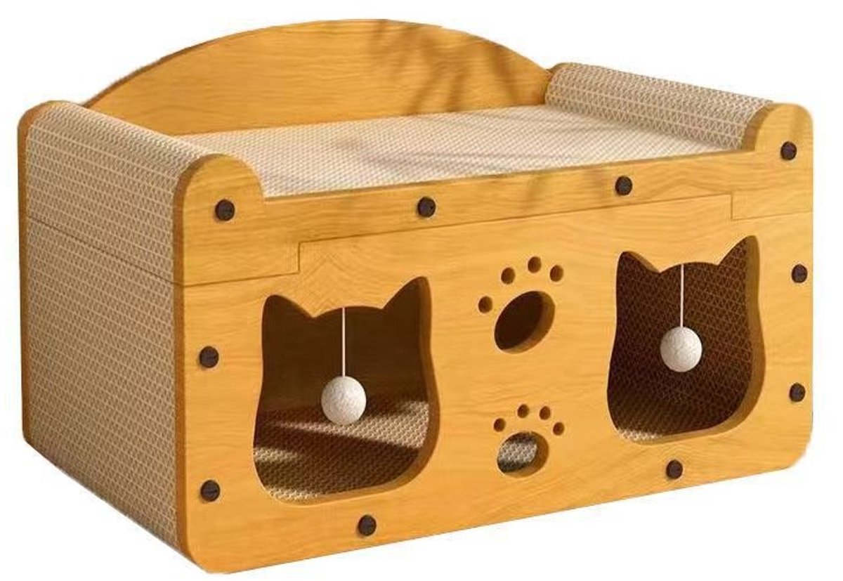 Luxe 3-in-1 Kattenhuis & Krabmeubel - Houten Voorpaneel met Golfkarton - 53x28x30 cm - Krabplank, Speelhol & Kattenmand - Inclusief Speelballetjes