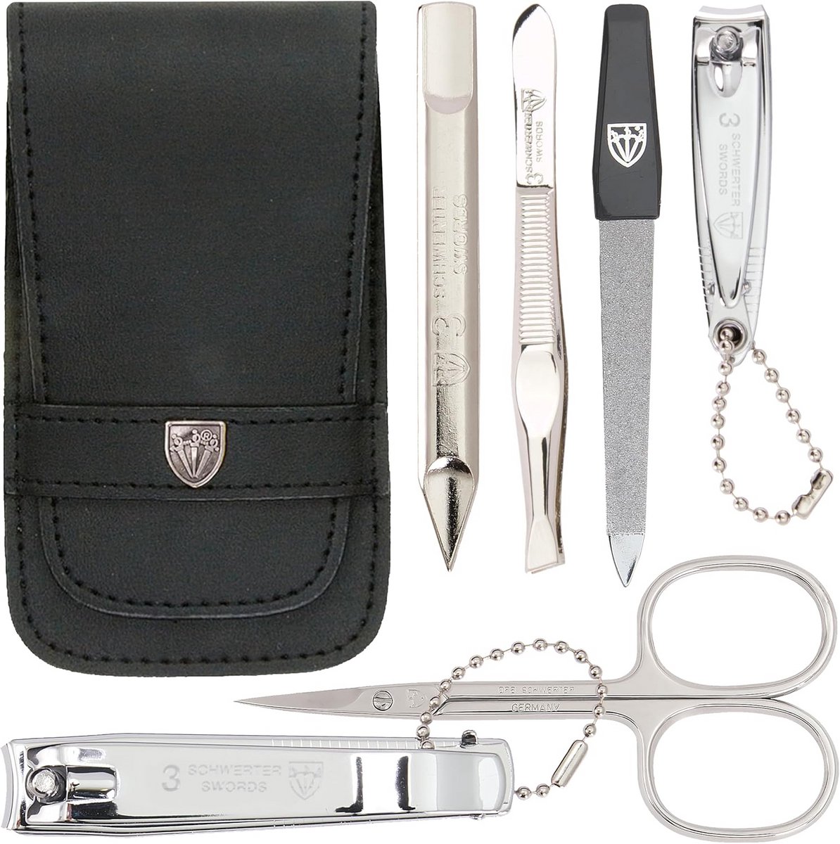 DREI SCHWERTER - Germany 6-delige manicureset 'Massa' | Manicure nagelset in zwart etui echt leer | Inhoud: huidschaar, nagelknipper, voetnagelknipper, saffier nagelvijl, pincet, nagelreiniger