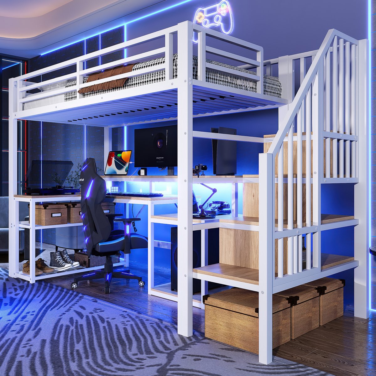 Wishdor Hoogslaper - 90x200 cm - Bureau Met USB En Ledverlichting - Opbergtrap En Planken - Frisse Witte Uitvoering - Metaal en MDF