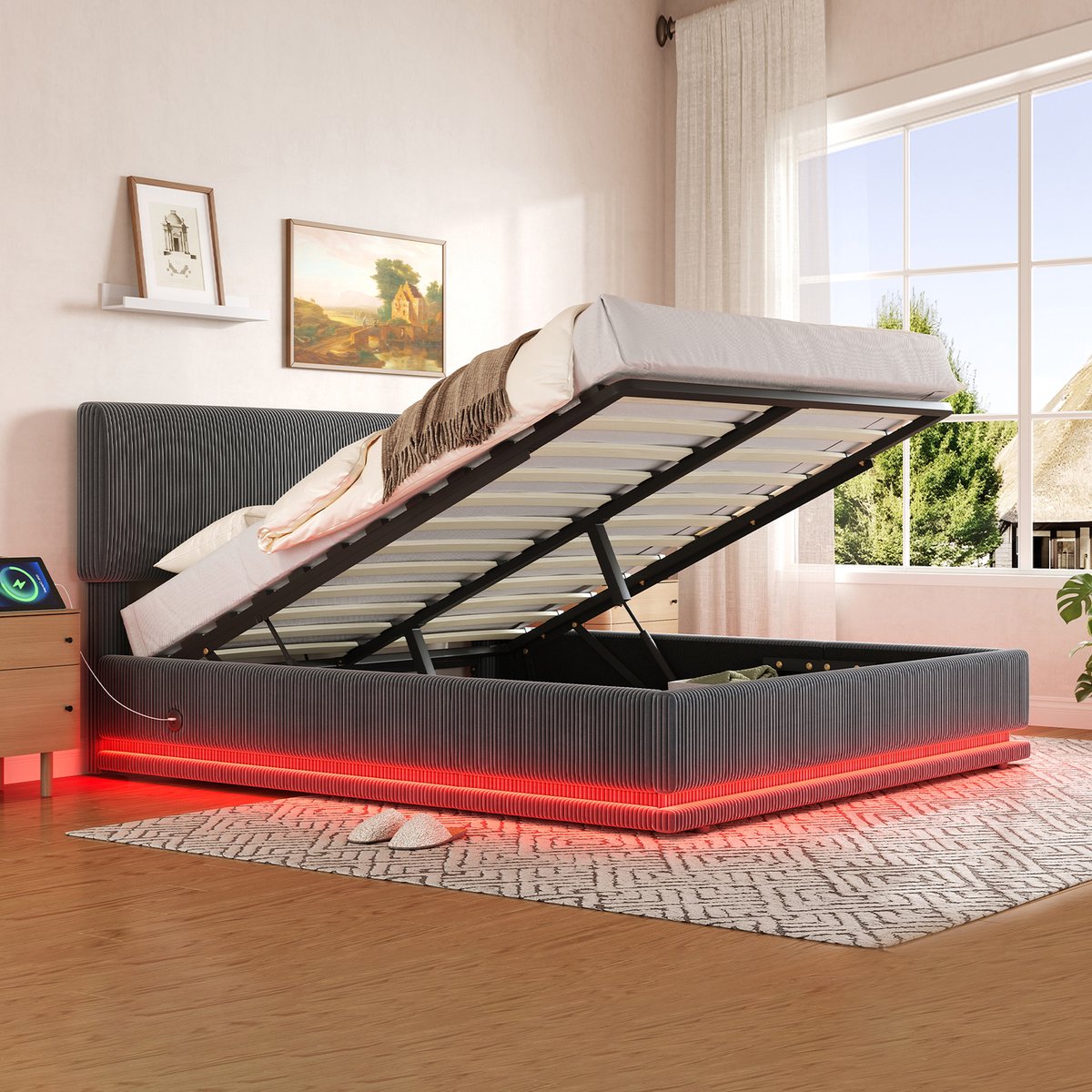 Wishdor Gestoffeerd Bed - 160 x 200 cm - LED en USB-C - Verstelbaar Hoofdbord - Ribstof - Donkergrijs - Modern en Ruim