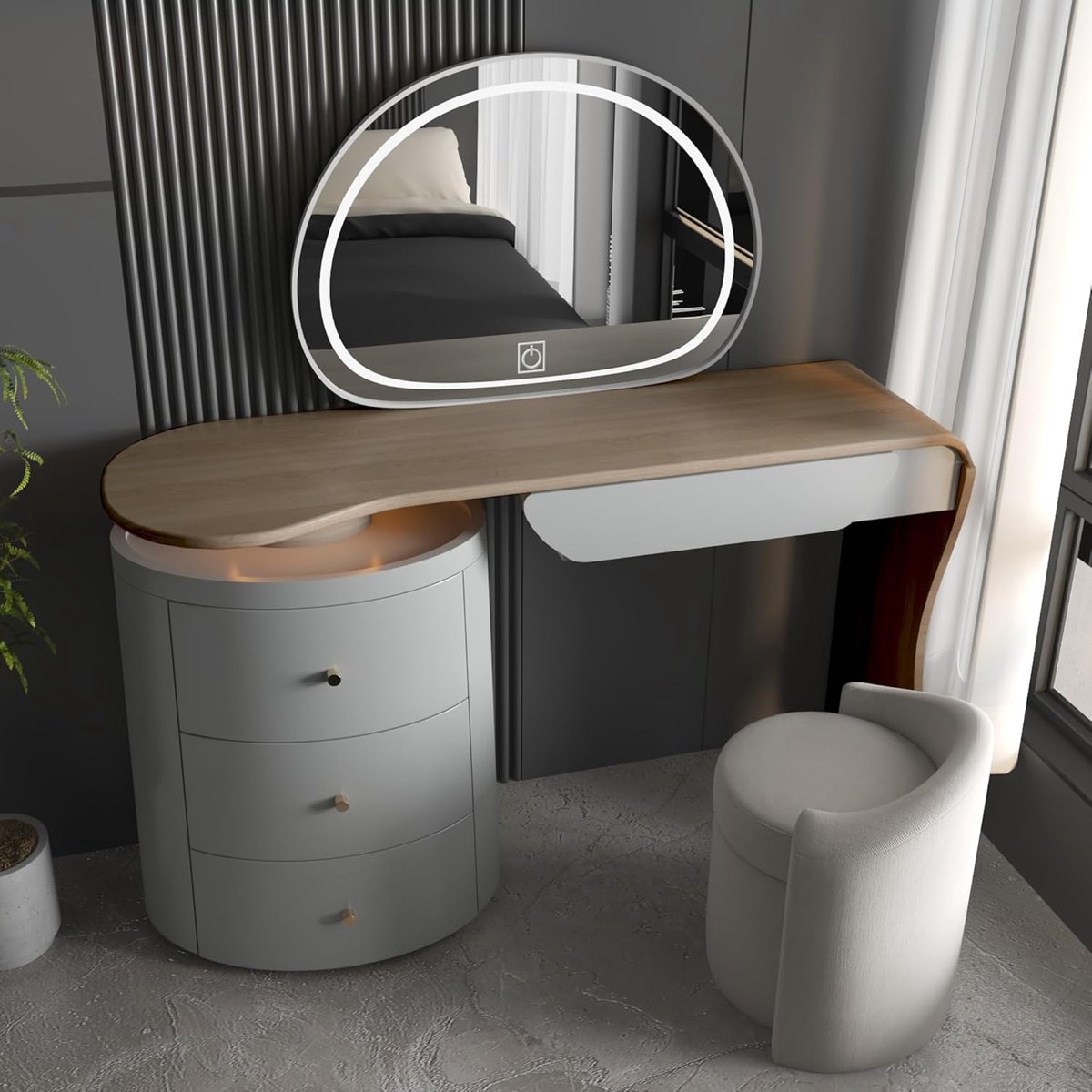 Make-uptafel met LED-spiegel en 4 lades 130 x 40 x 79 cm – Kaptafel met 3-kleurige verlichting, touchscreen spiegel en opbergplanken – Moderne make-up tafel voor slaapkamer en kleedkamer – Walnut Glow Vanity – Depauw