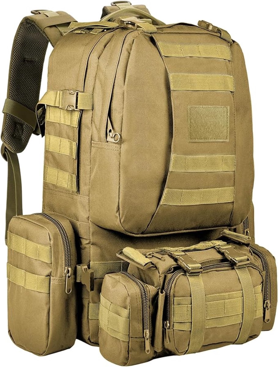 Homery Tactische Rugzak 60L Kaki – Militaire Backpack Heren & Dames – Afneembare Heuptas – MOLLE Systeem – Survival & Wandelrugzak – Spatwaterdicht – Camping & Hiking