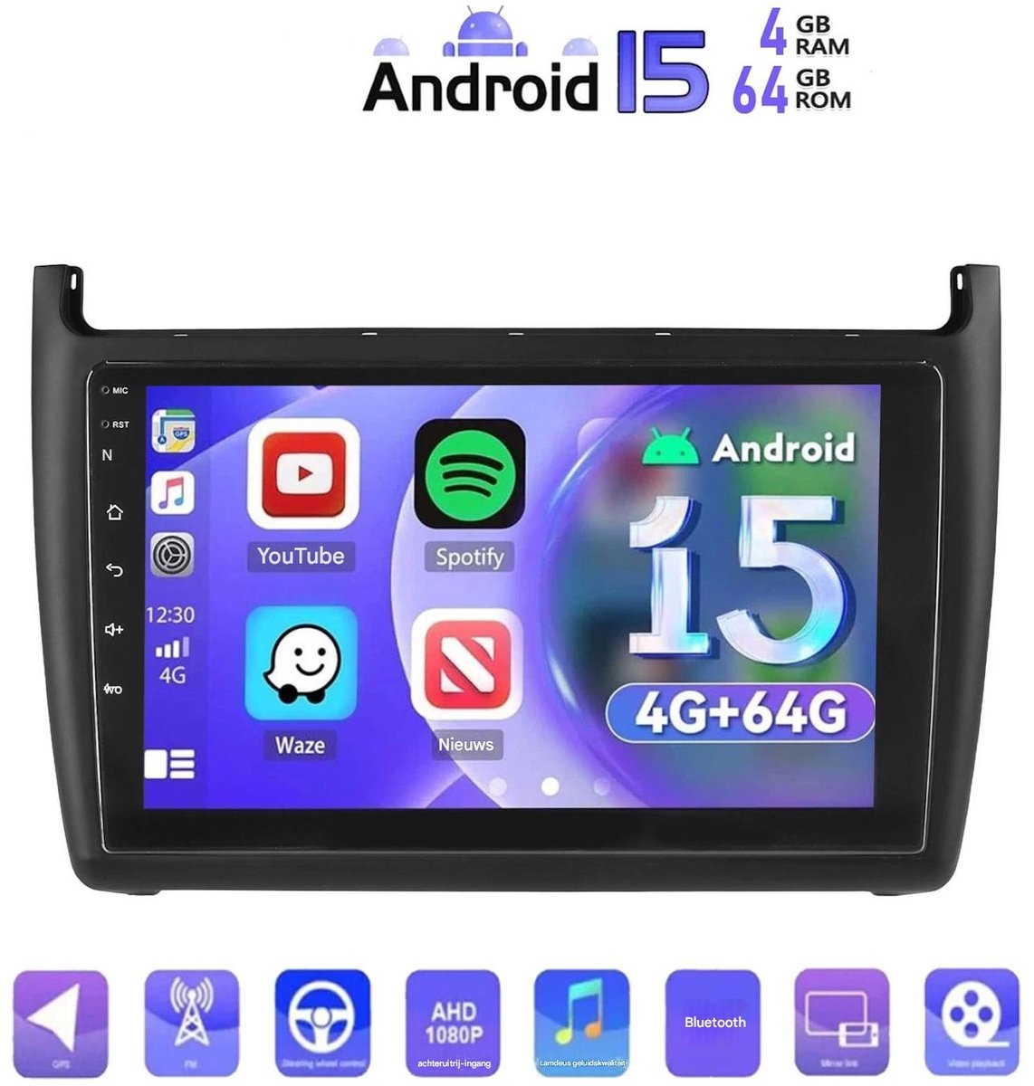 ESSGOO Autoradio met Draadloos Carplay en Android Auto - Geschikt voor Vw Polo 6R 6C 2009-2017 - radio met navigatie - Android 15 - 4+64GB - 2009 2010 2011 2012 2013 2014 2015 2016 2017 - Bluetooth & Wifi USB & FM RDS & 2 DIN