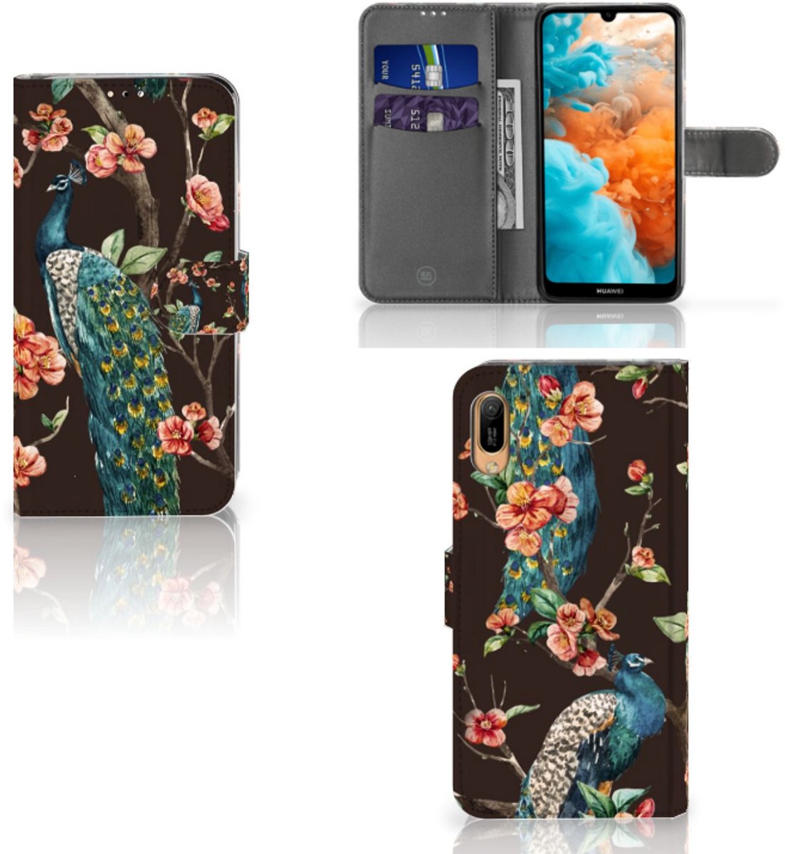 Huawei Y6 (2019) Telefoonhoesje met Pasjes Pauw met Bloemen