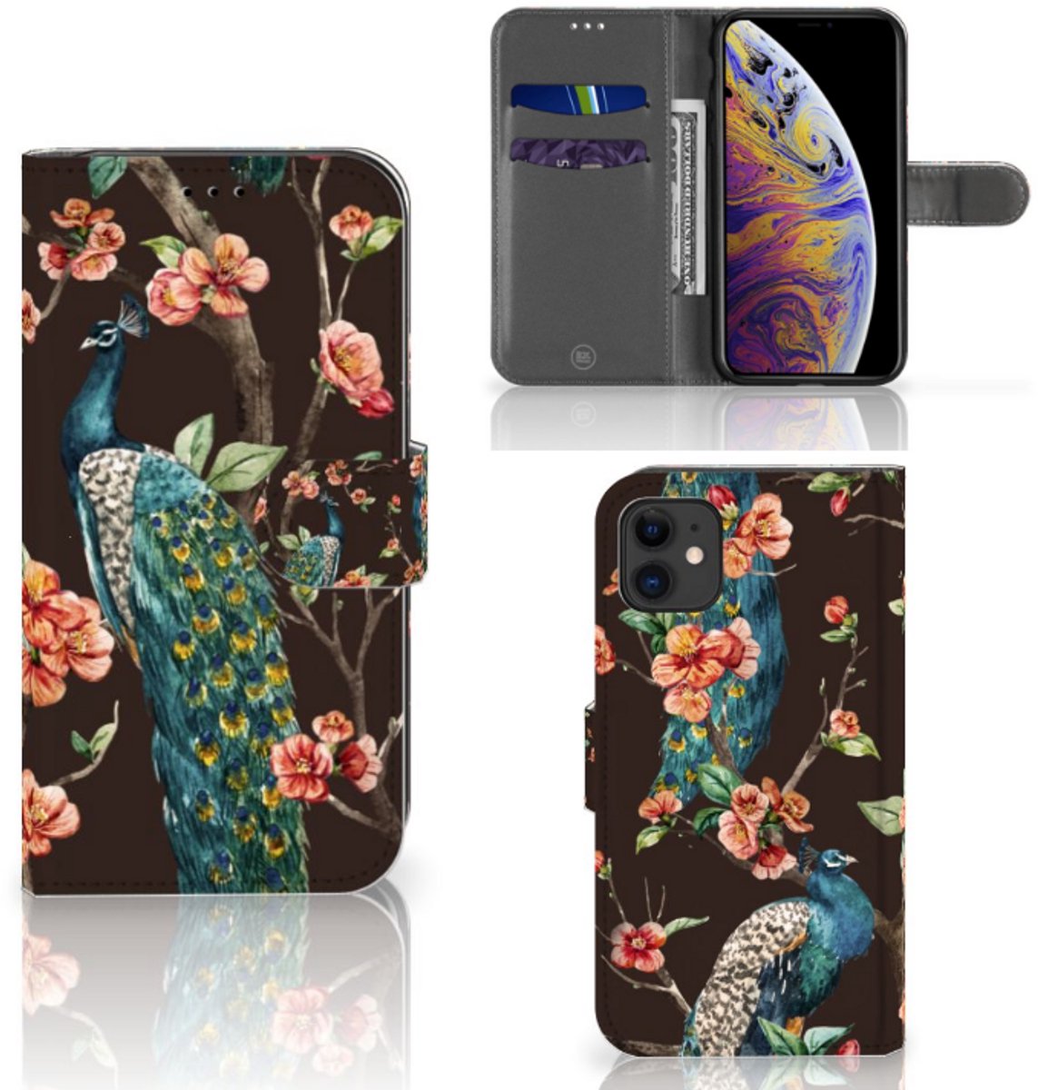 Apple iPhone 11 Telefoonhoesje met Pasjes Pauw met Bloemen