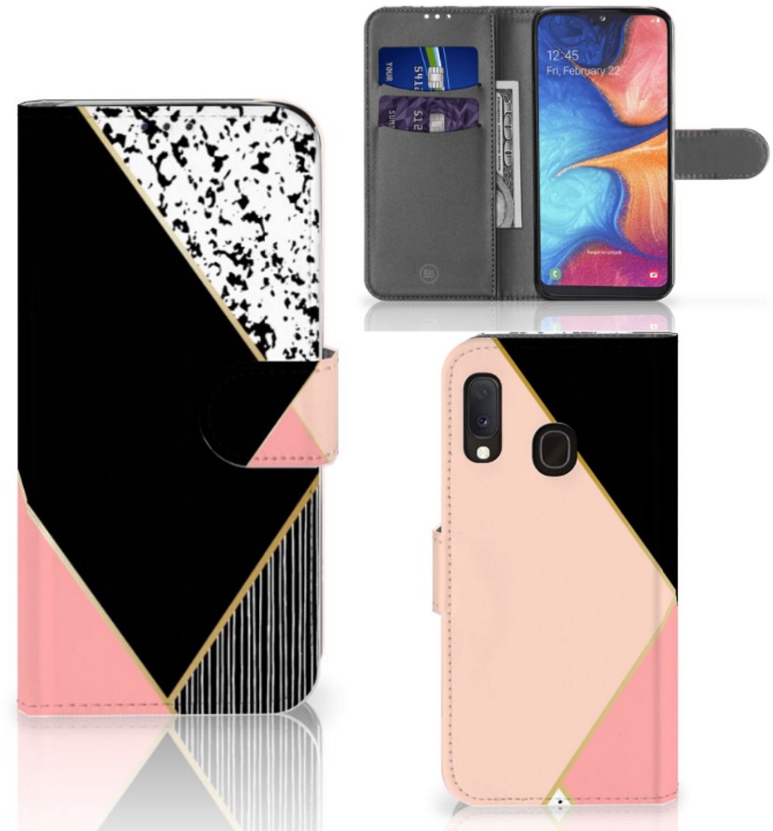Boekhoesje voor Samsung Galaxy A20e Book Case Zwart Roze Vormen