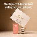 Glow25 Collageen Intensief en Glow25 Balance. Een doos met collageen, een verpakking van Balance en stapel stenen.