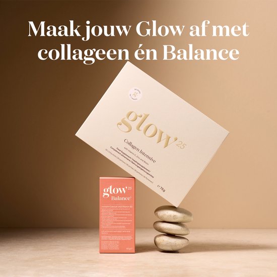 Glow25 Collageen Intensief en Glow25 Balance. Een doos met collageen, een verpakking van Balance en stapel stenen.