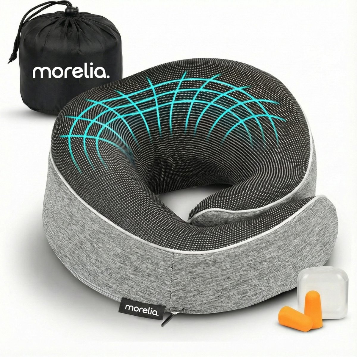 Bol.com Morelia® Volledige Set Nekkussen Licht Grijs - Luxe Reiskussen voor het Vliegtuig en de Auto - Traagschuim aanbieding