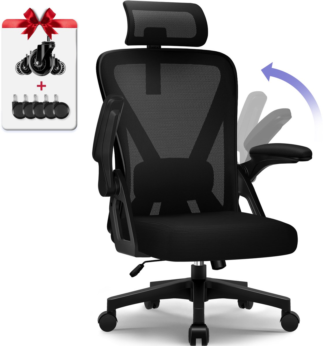 AUTHMIC Office Chair - Foldable Armrests, Reclining Backrest, Adjustable Headrest, Adjustable Lumbar, Max 150kg, Desk chair