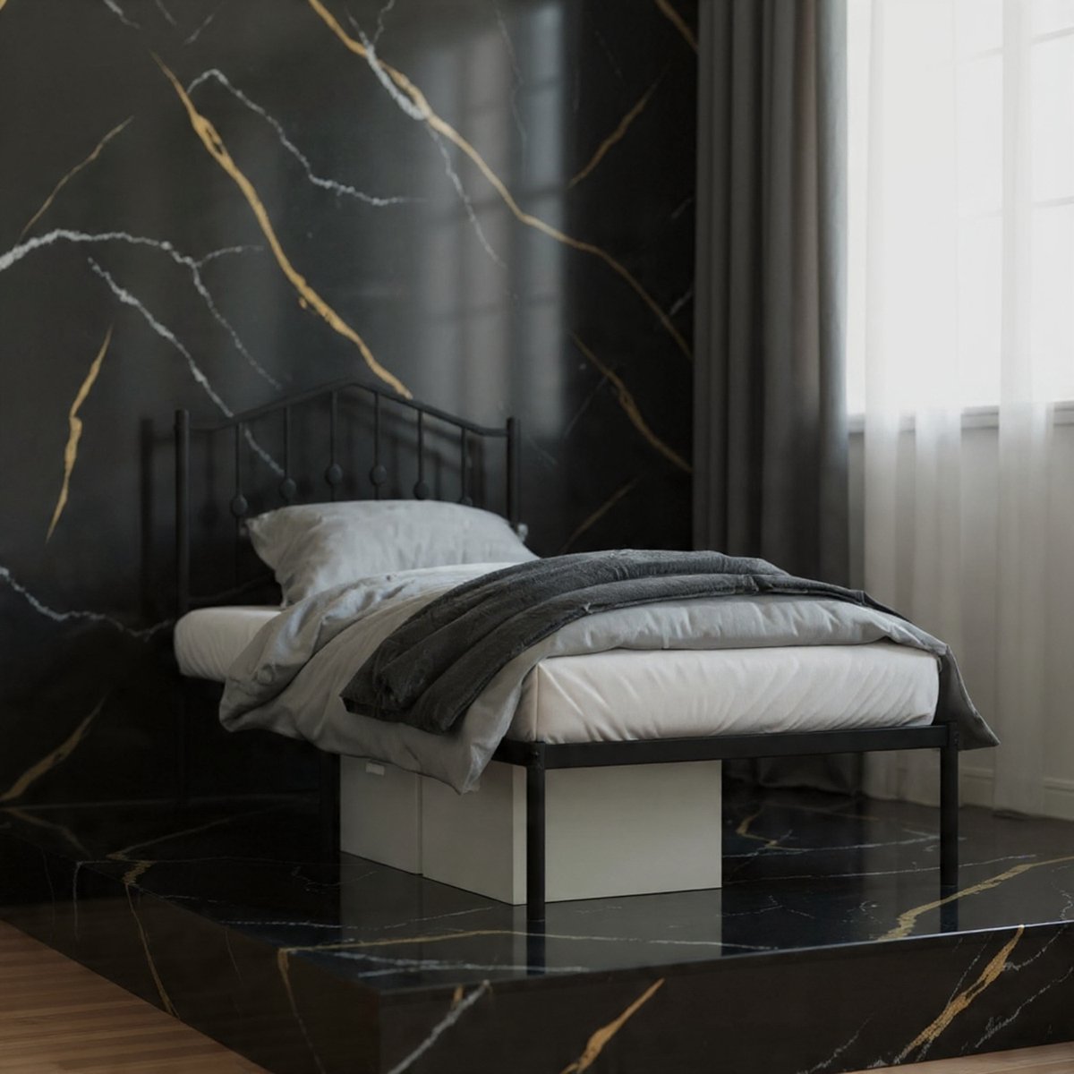 NoirDream Metalen Bedframe 80x200 cm met Hoofdbord – Zwart Stalen Eenpersoons Bed met Lattenbodem en Middenpoten - House&Garden