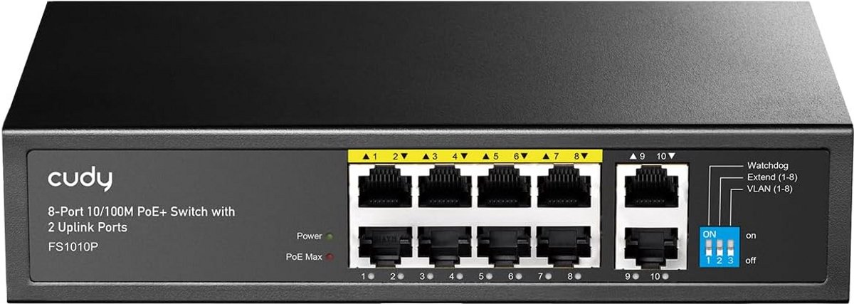 PoE+ 8-Poorts Switch met 2 Uplink, 120W Vermogen, VLAN en Extend Modus