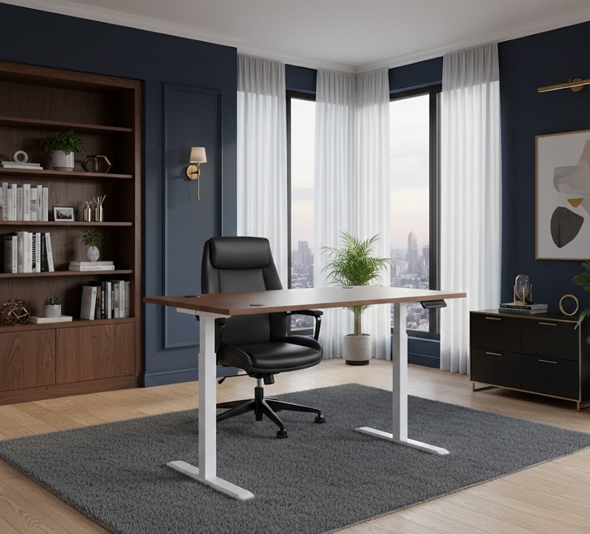 Elektrisch verstelbaar Zit-Sta Bureau – Modern Bureau 120x75cm – Walnoot Houten Blad met Wit Stalen Frame – Ergonomisch & In Hoogte Verstelbaar voor Thuiswerk en Kantoor Casa Serena – Casa Dorada