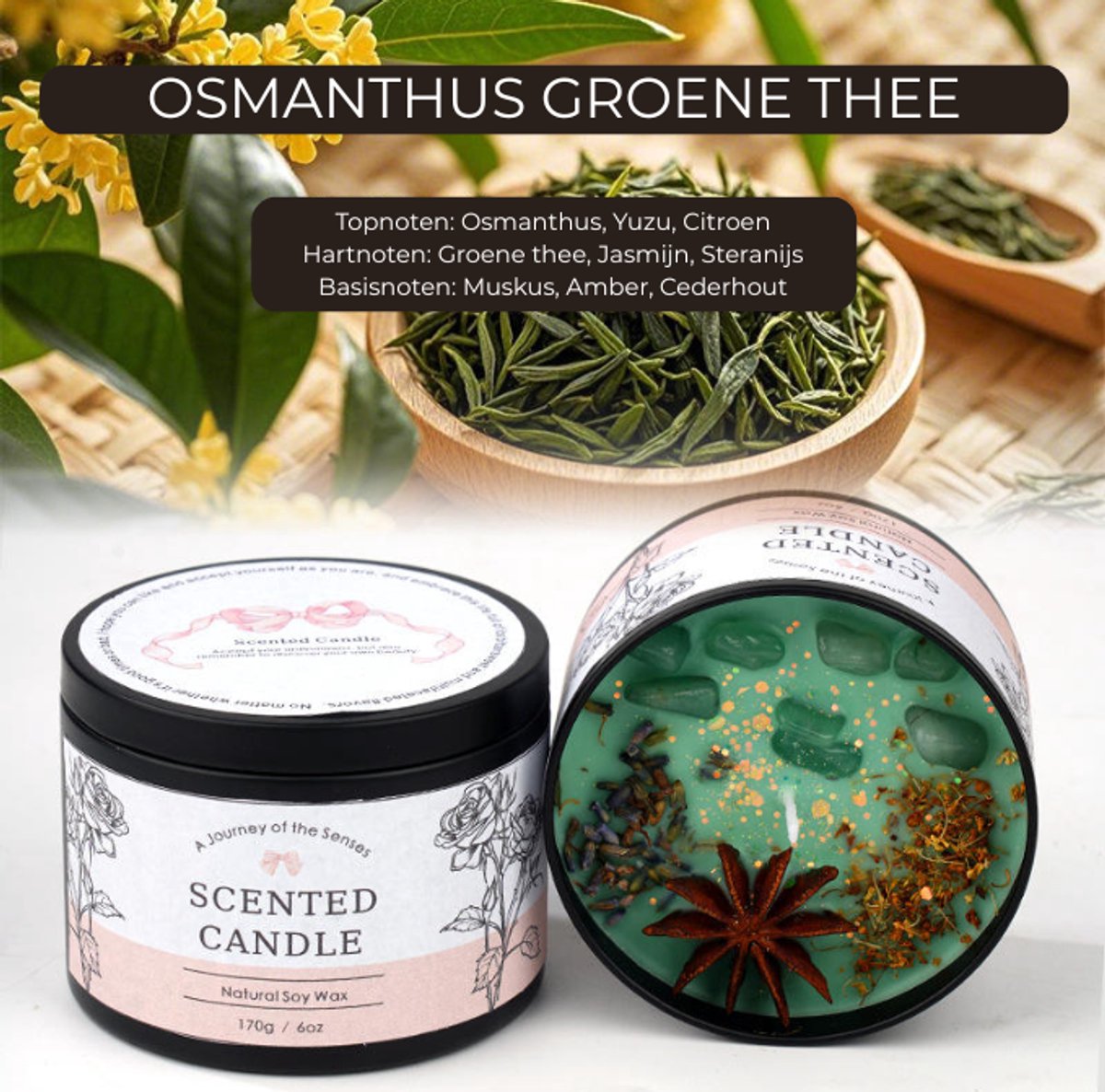 Luxe Geurkaars Osmanthus Groene Thee – Sojawas Scented Candle 170g – Frisse Citrus & Jasmijn – Aromatherapie Kaars met Amber en Cederhout