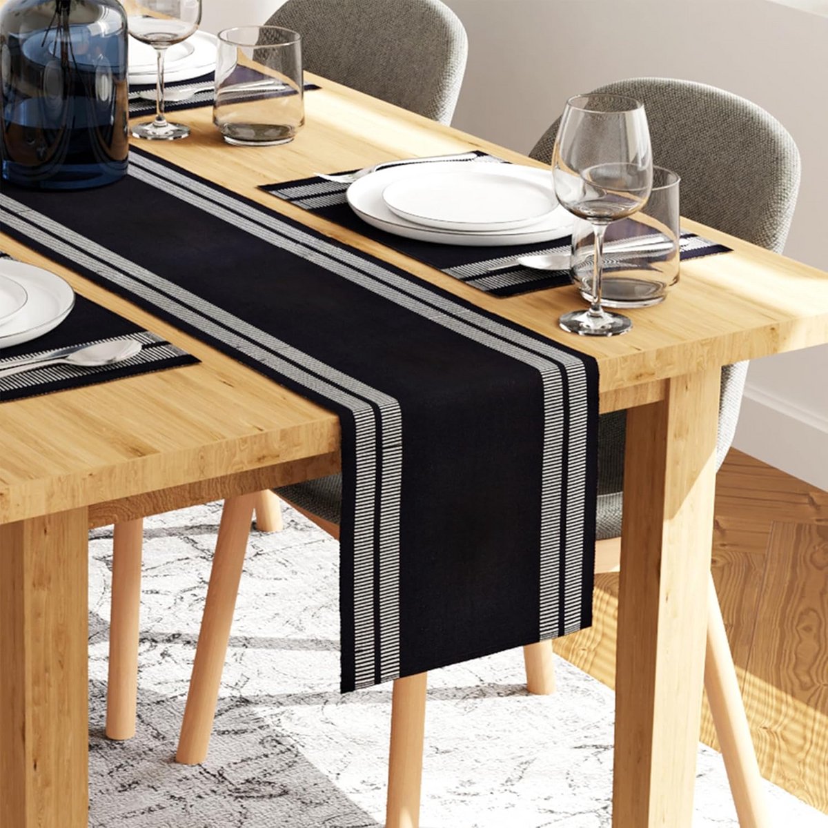 Tafelloper en Placemat Set van Fijn Geribbeld Katoen voor Eettafel
