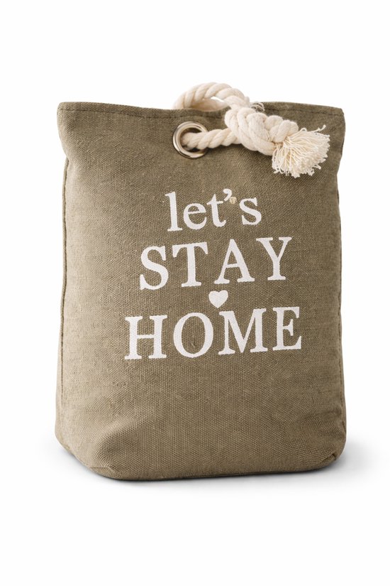 Grijze canvas deurstopper met "let's STAY HOME" tekst en touwhandvat.