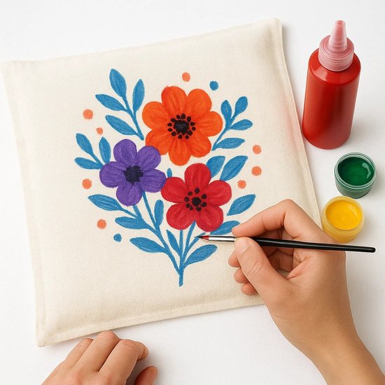 Une main peint des fleurs avec des feuilles bleues sur un coussin beige avec de la peinture textile. Fleurs rouges, violettes et oranges.