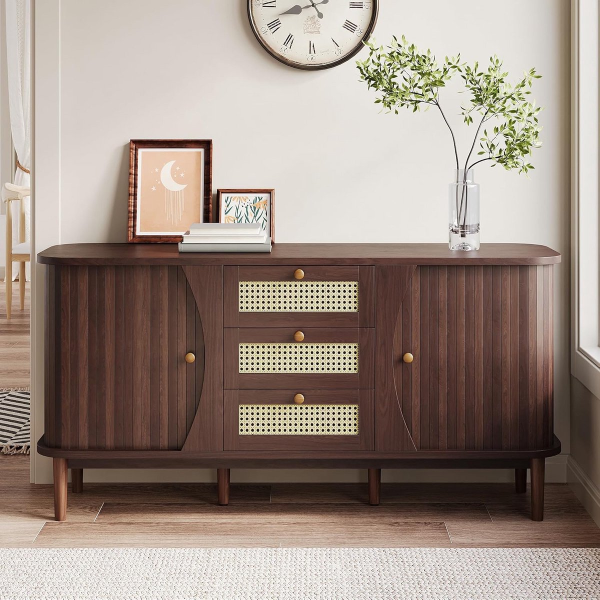 Dressoir van Rotan met Schuifdeuren en Verstelbare Planken