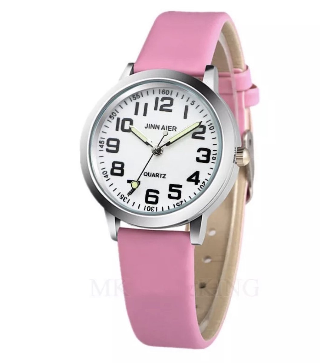 12Getit Kinderhorloge met zwarte cijfers en roze leer bandje