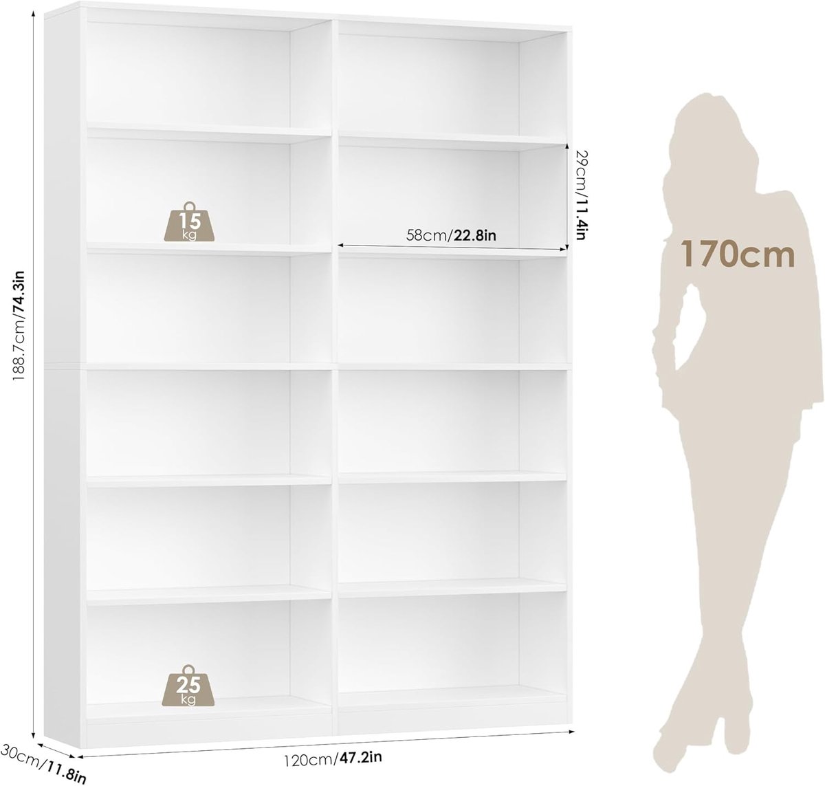Boekenkast 6-Laags – Casa Velluto Bianca Vrijstaande Boekenplank – 17 Open Vakken Displayrek voor Woonkamer, Kantoor en Bibliotheek – Scandinavisch Design Wit 188 x 149 x 23,5 cm