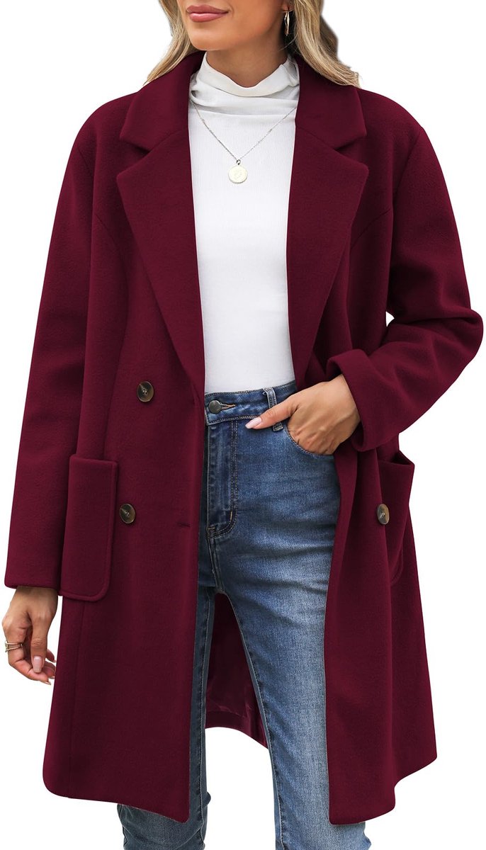 Dames Langen Wollen Overjas - Dubbel Breasted Design - 75% Polyester, 15% Viscose, 10% Wol