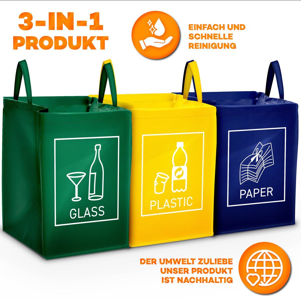 TRESKO® Driedelig systeem voor afvalscheiding voor glas, plastic en papier